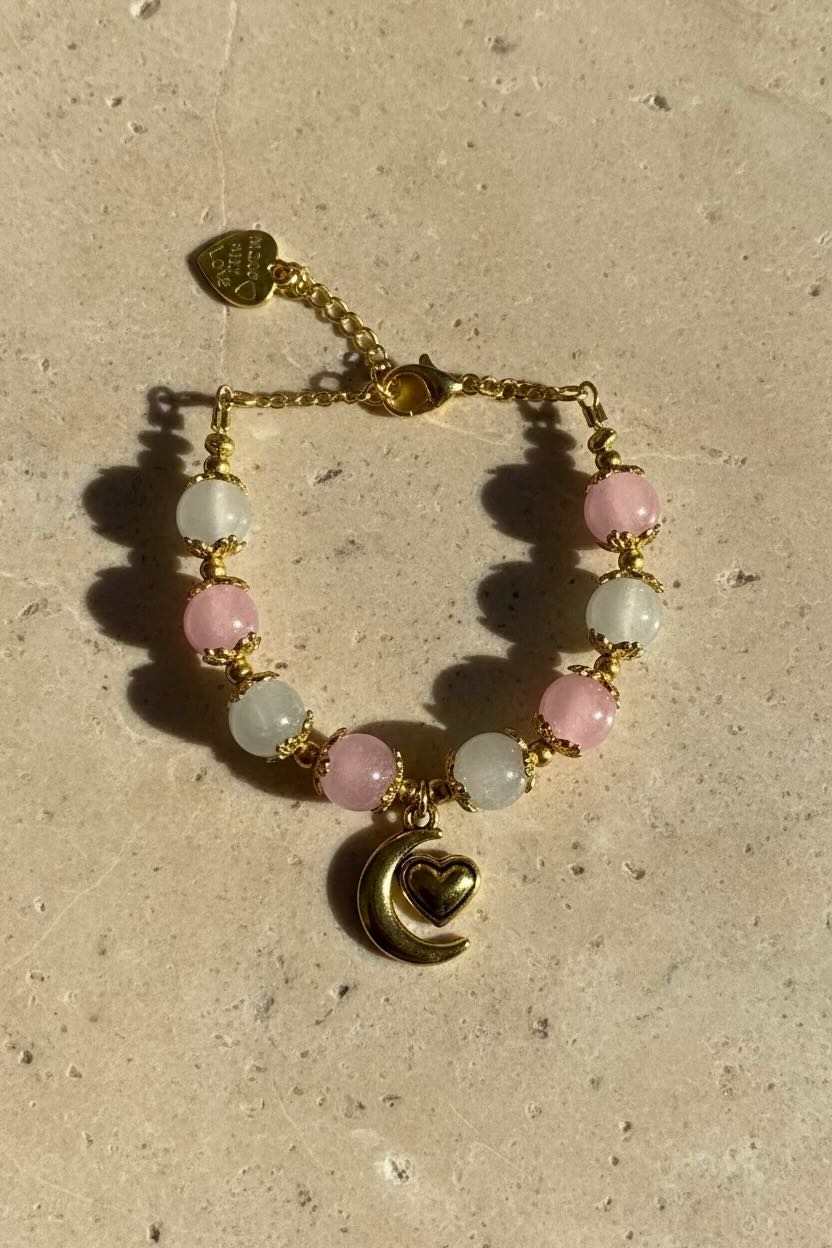 A gold chain bracelet with alternating pink and milky white beads, featuring a crescent moon charm with an integrated heart, displayed on a textured beige stone surface.