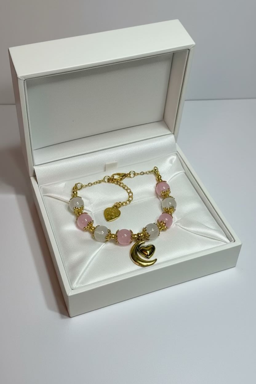 A gold-tone beaded bracelet with pink and white beads, featuring a crescent moon charm and a small heart charm, presented inside an open white jewelry box.