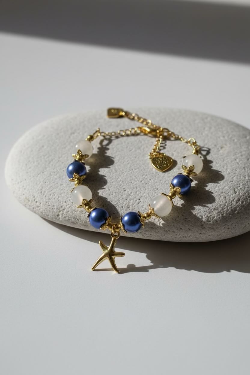 A gold-tone beaded bracelet with blue and white beads, a starfish charm, and a heart-shaped charm, displayed on a smooth white stone against a light gray background.