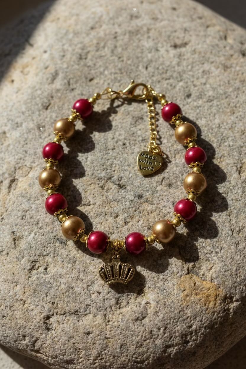 A beaded bracelet with alternating red and gold glass pearls, featuring a gold crown charm and a small heart charm, displayed on a textured gray stone under direct sunlight.