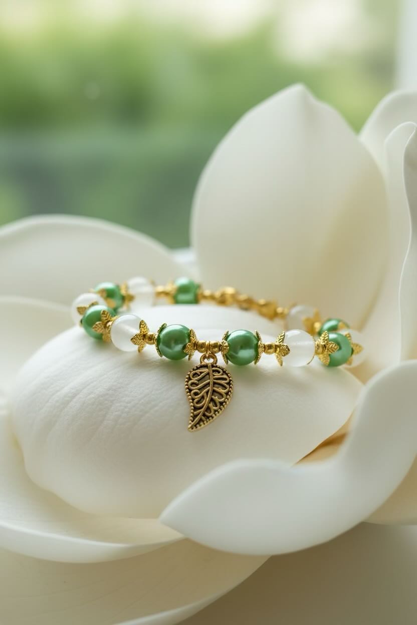 A delicate beaded bracelet with green and white glass pearls, gold-toned star accents, and a small gold leaf charm, resting on the petals of a large white flower.