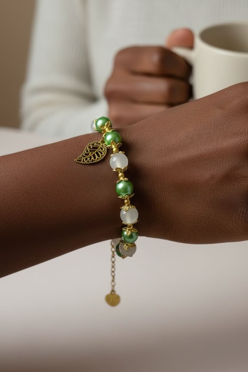 A close-up of a person's wrist wearing a beaded bracelet with green and white glass pearls, gold-toned metal links, a leaf charm, and a small dangling gold charm, with a hand holding a white mug in the background.