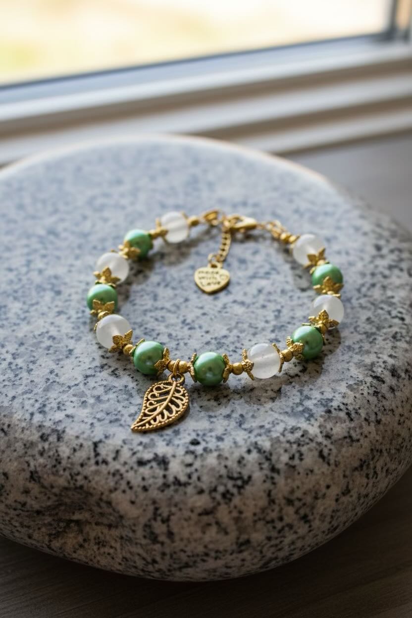 A gold-tone beaded bracelet with green and white glass pearls, featuring a leaf charm and a small heart charm, displayed on a round gray stone near a window.
