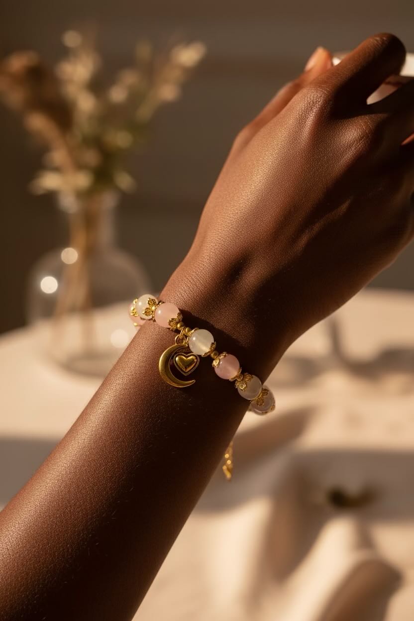 A close-up of a person's wrist wearing a delicate beaded bracelet with gold-toned charms, including a crescent moon and heart, alongside pale pink and cream beads. The background is softly blurred with a glass vase and warm ambient lighting.