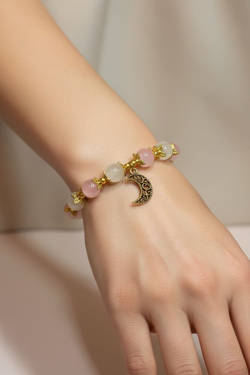 A close-up of a person's wrist wearing a delicate gold-tone bracelet with pink and white beads and a crescent moon charm.