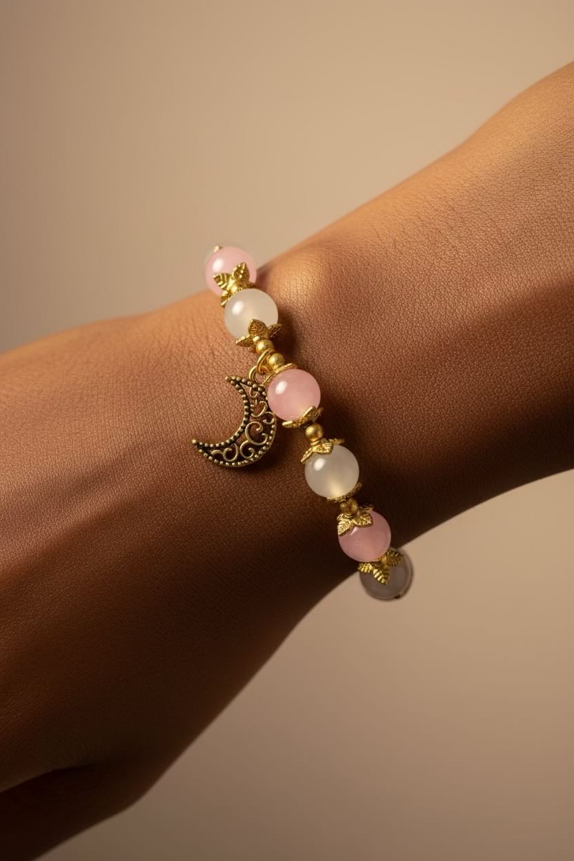 A close-up of a delicate beaded bracelet worn on a wrist. The bracelet features round pale pink and milky white beads separated by small gold spacer beads, with a dangling gold crescent moon charm.
