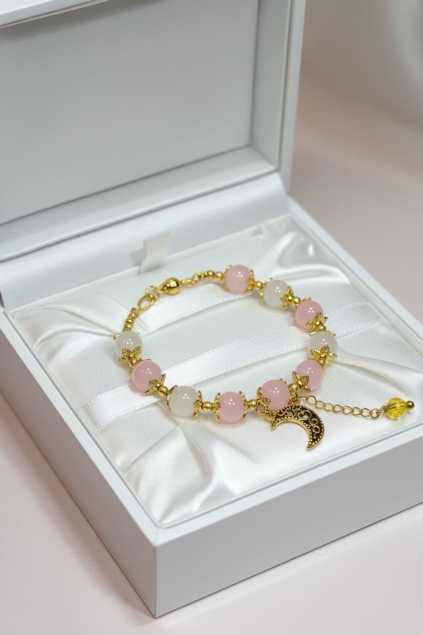 A gold-tone beaded bracelet with pink and white beads, a crescent moon charm, and a small yellow bead, displayed inside an open white jewelry box.