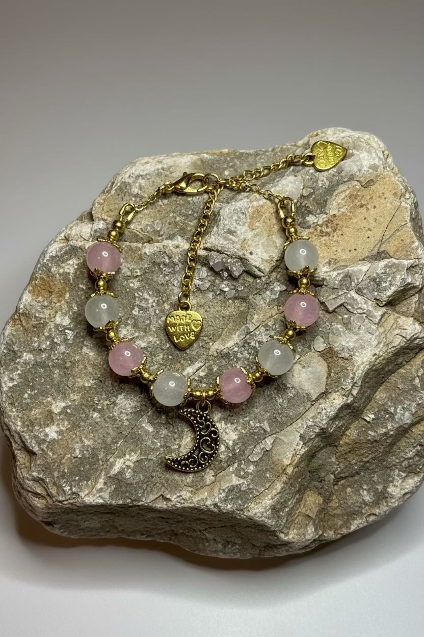 A gold-tone beaded bracelet with pink and white beads, a crescent moon charm, and a heart-shaped charm, displayed on a textured gray rock against a neutral gray background.