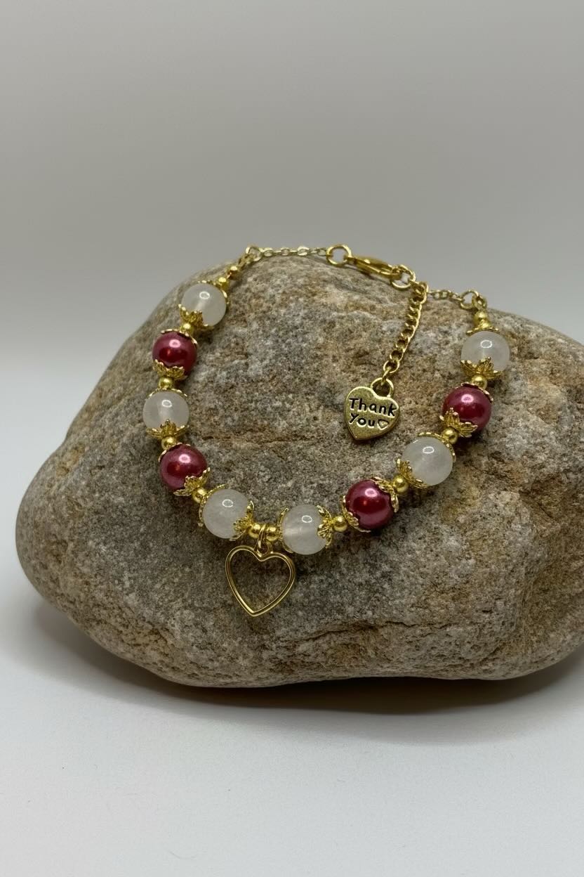 A gold-tone beaded bracelet with white and red glass pearls, and heart charm, displayed on a smooth gray stone against a neutral light gray background.