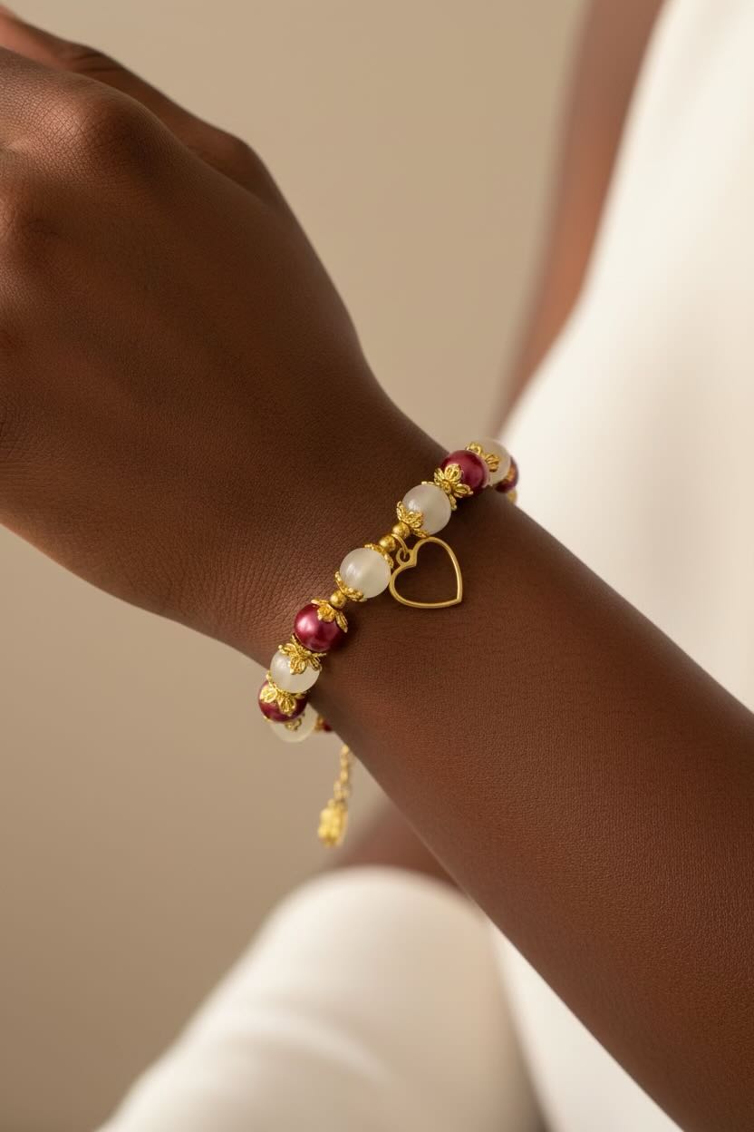 A close-up of a person's wrist wearing a delicate gold bracelet with white and red glass pearls, and a small gold heart charm.