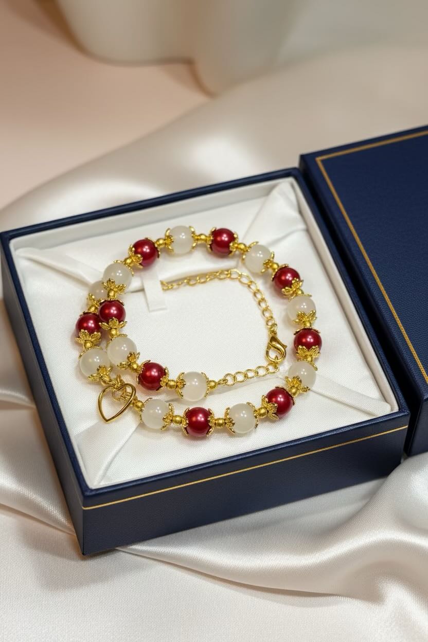 A beaded bracelet with red and white pearls and gold-toned metal heart, displayed inside an open navy blue jewelry box on a satin fabric surface.
