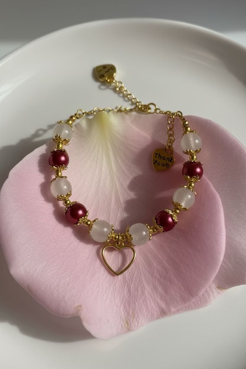 A gold chain bracelet with alternating translucent white beads and deep red pearls, featuring a gold heart charm, displayed on a pink flower petal over a white plate.