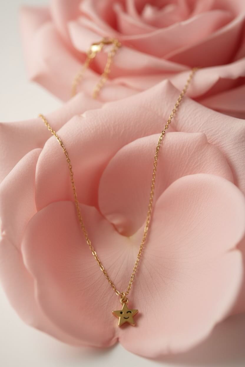 A delicate gold necklace with a small star-shaped pendant featuring a smiley face, draped over soft pink rose petals.