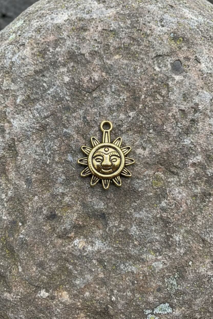 A small antique bronze sun charm with a smiling face and radiating rays, resting on a textured gray stone surface.