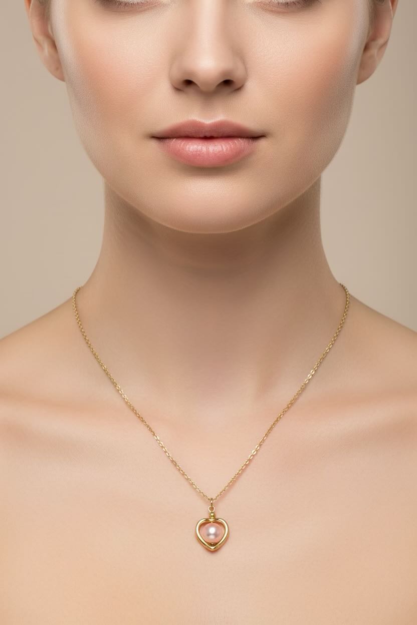 A close-up of a model wearing a delicate gold chain necklace with a heart-shaped pendant containing a small baby pink pearl, set against a soft beige background.