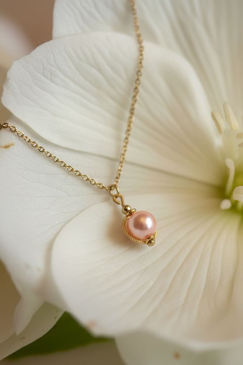A delicate gold chain necklace with a small gold bezel holding a single pale pink pearl, resting on the petals of a large white flower.