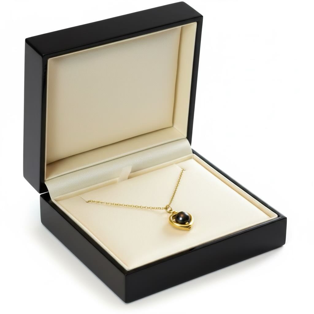 A gold pendant necklace with a black pearl displayed inside an open black jewelry box with a cream-colored velvet interior.