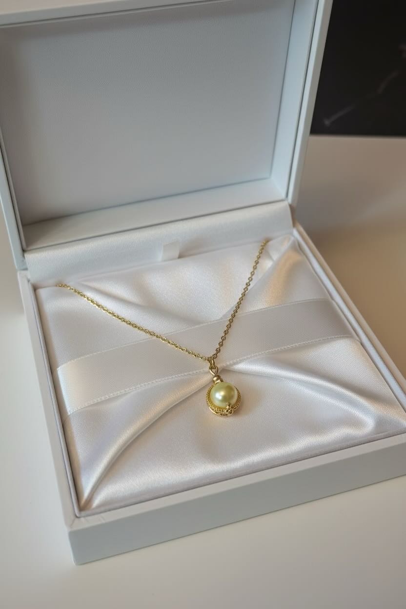 A close-up of a delicate gold chain necklace with a single round champagne yellow pearl pendant in a gold bezel setting in a white gift box.