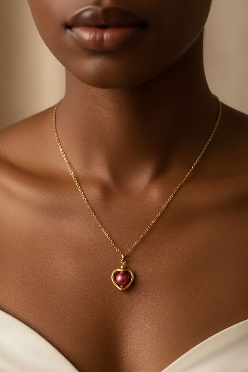 A close-up of a model wearing a delicate gold chain necklace with a heart-shaped pendant featuring a cherry red pearl.