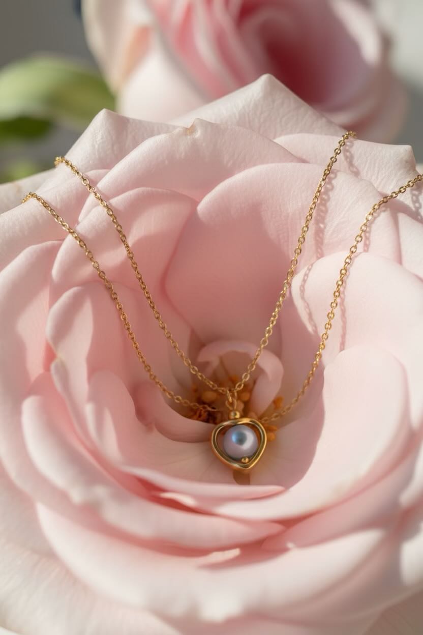 A delicate gold chain necklace with a heart-shaped pendant featuring a baby blue pearl on a pink flower.