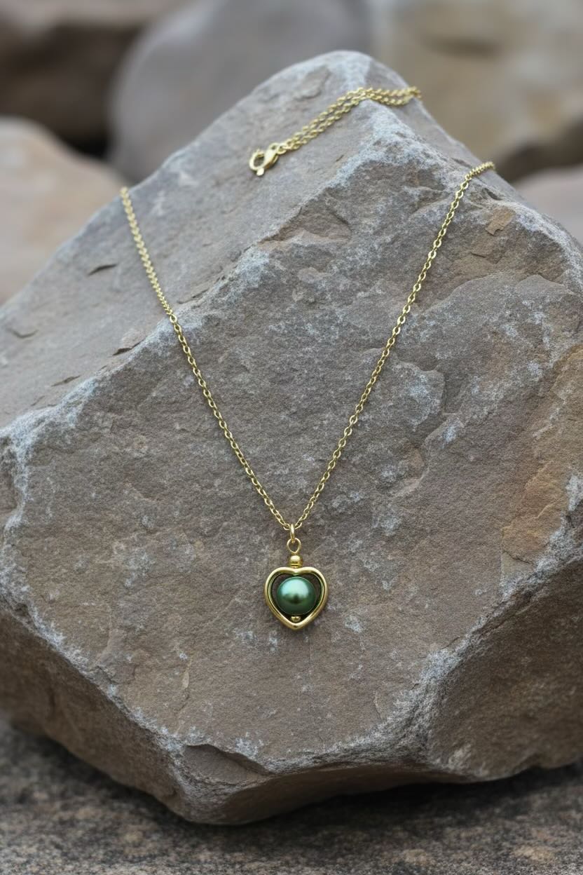 A delicate gold chain necklace with a small heart-shaped pendant containing a green green pearl, displayed on a textured gray rock.