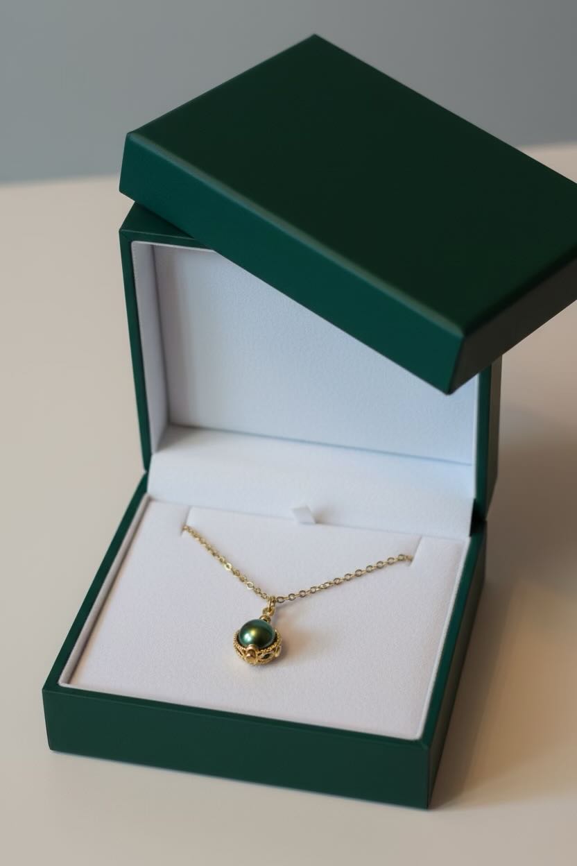 A gold necklace with an dark green pearl pendant displayed inside an open dark green jewelry box with a white interior.