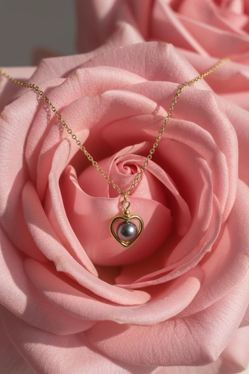 A gold heart pendant necklace with a dark grey pearl-like center, draped over the petals of a large pink rose.