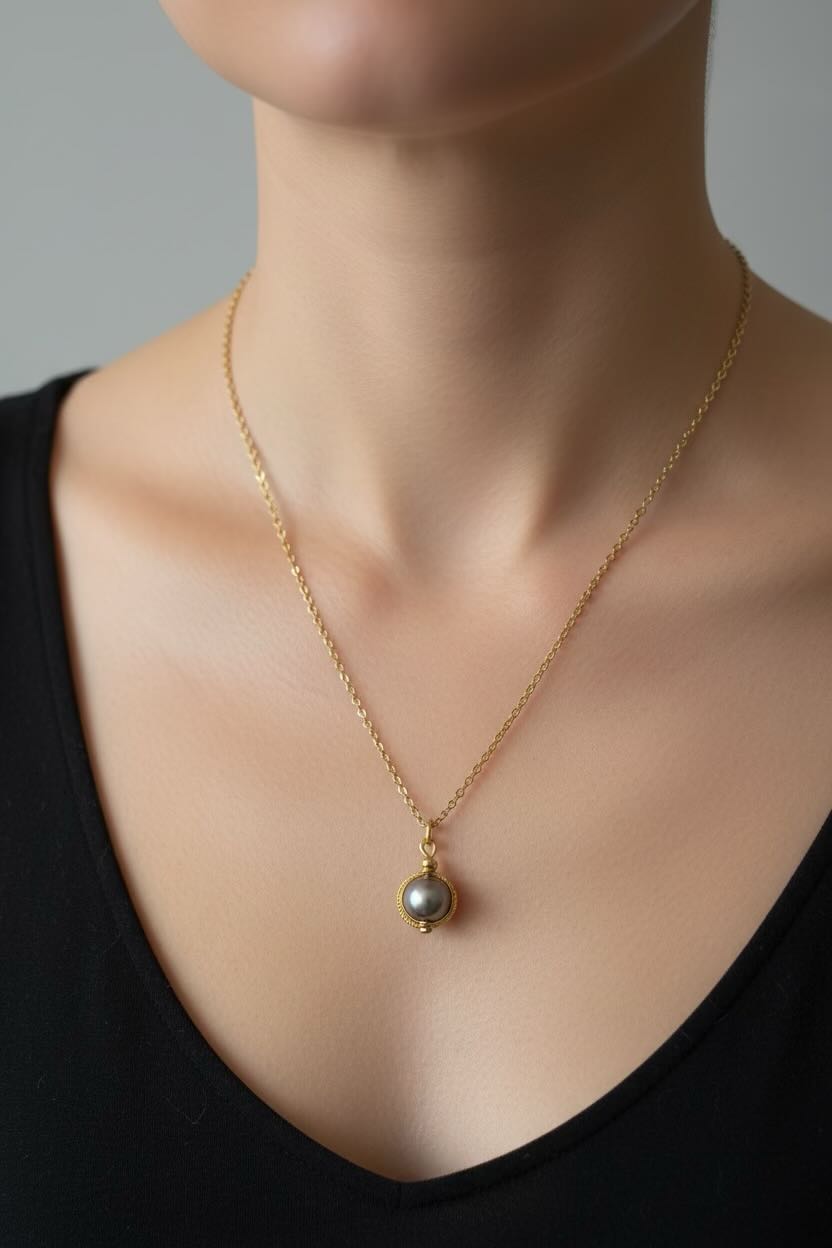 A close-up of a model's neck and chest wearing a delicate gold chain necklace with a single round dark grey pearl pendant, paired with a black top against a neutral gray background.