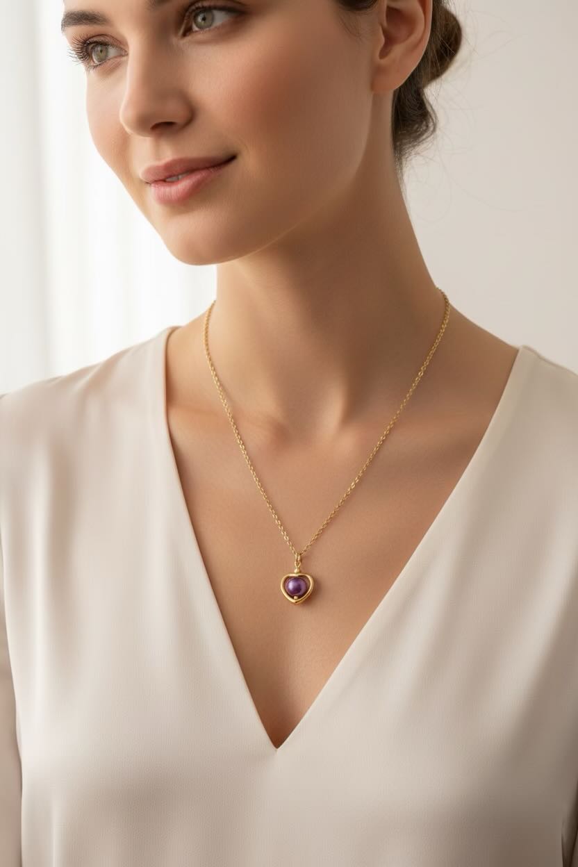 A woman wearing a delicate gold chain necklace with a heart-shaped pendant featuring a dark orchid purple pearl, styled with a white V-neck top.