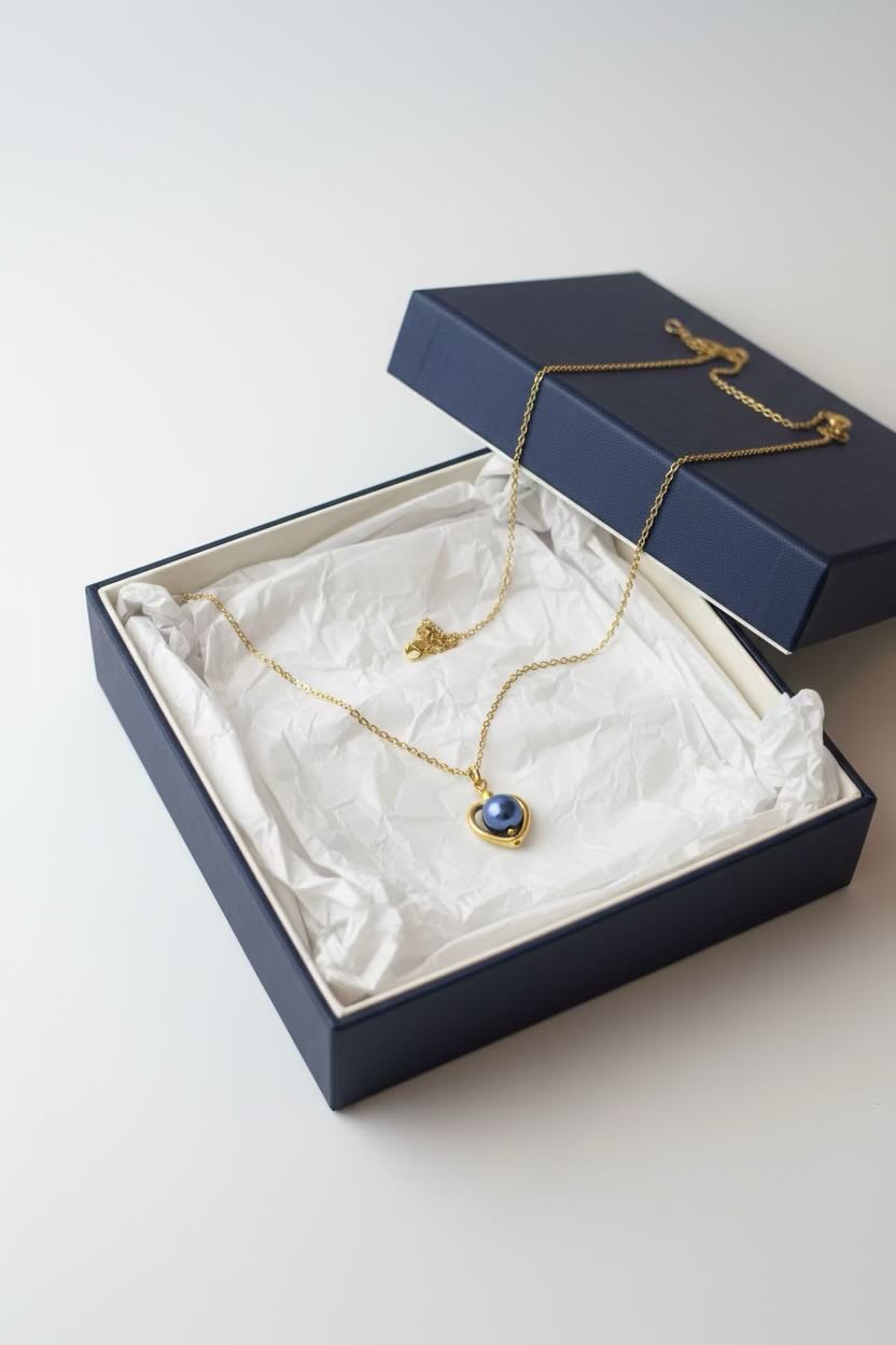 A gold necklace with a heart-shaped dark royal blue pearl pendant, presented in an open navy blue jewelry box lined with white tissue paper.