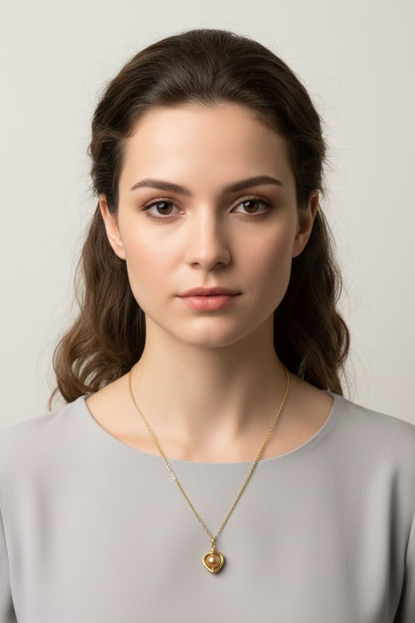 A woman with brown hair wearing a gold heart pendant necklace and a light gray top, shown from the chest up against a plain light gray background.