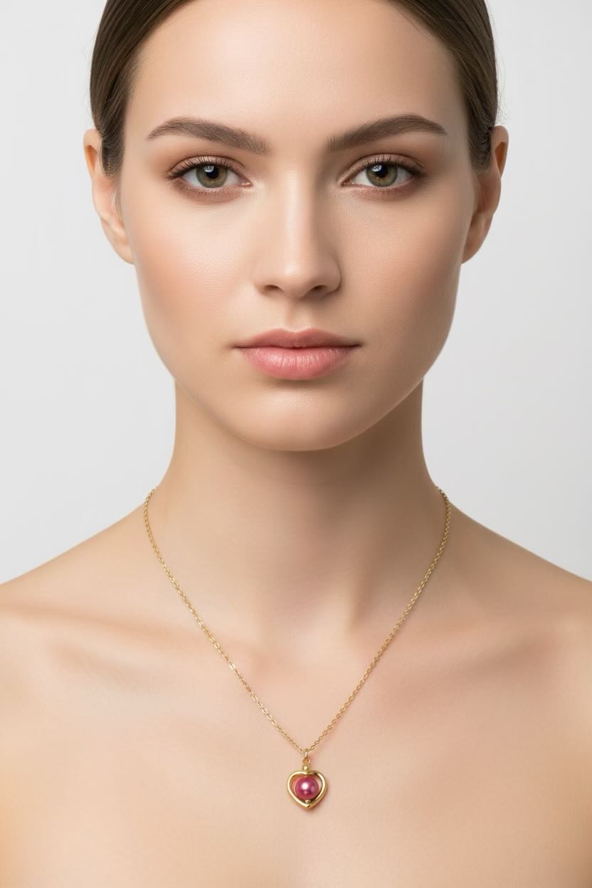 A close-up of a woman wearing a delicate gold chain necklace with a heart-shaped pendant featuring a hot pink pearl, set against a plain light gray background.