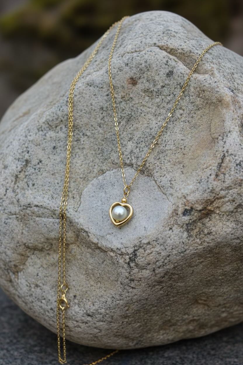 A delicate gold chain necklace with a small heart-shaped pendant containing a light grey pearl, draped over a large textured gray stone.