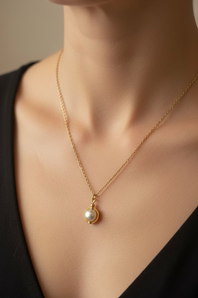 A close-up of a model's neck and chest wearing a delicate gold chain necklace with a single round light grey pearl pendant in a gold bezel setting.