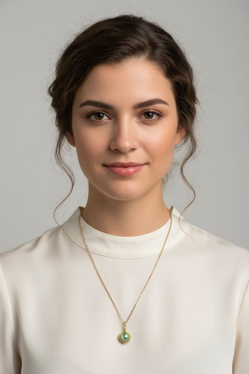 A woman with dark hair pulled back wears a delicate gold chain necklace with a light sage green circular pendant, paired with a cream-colored top, against a solid light gray background.