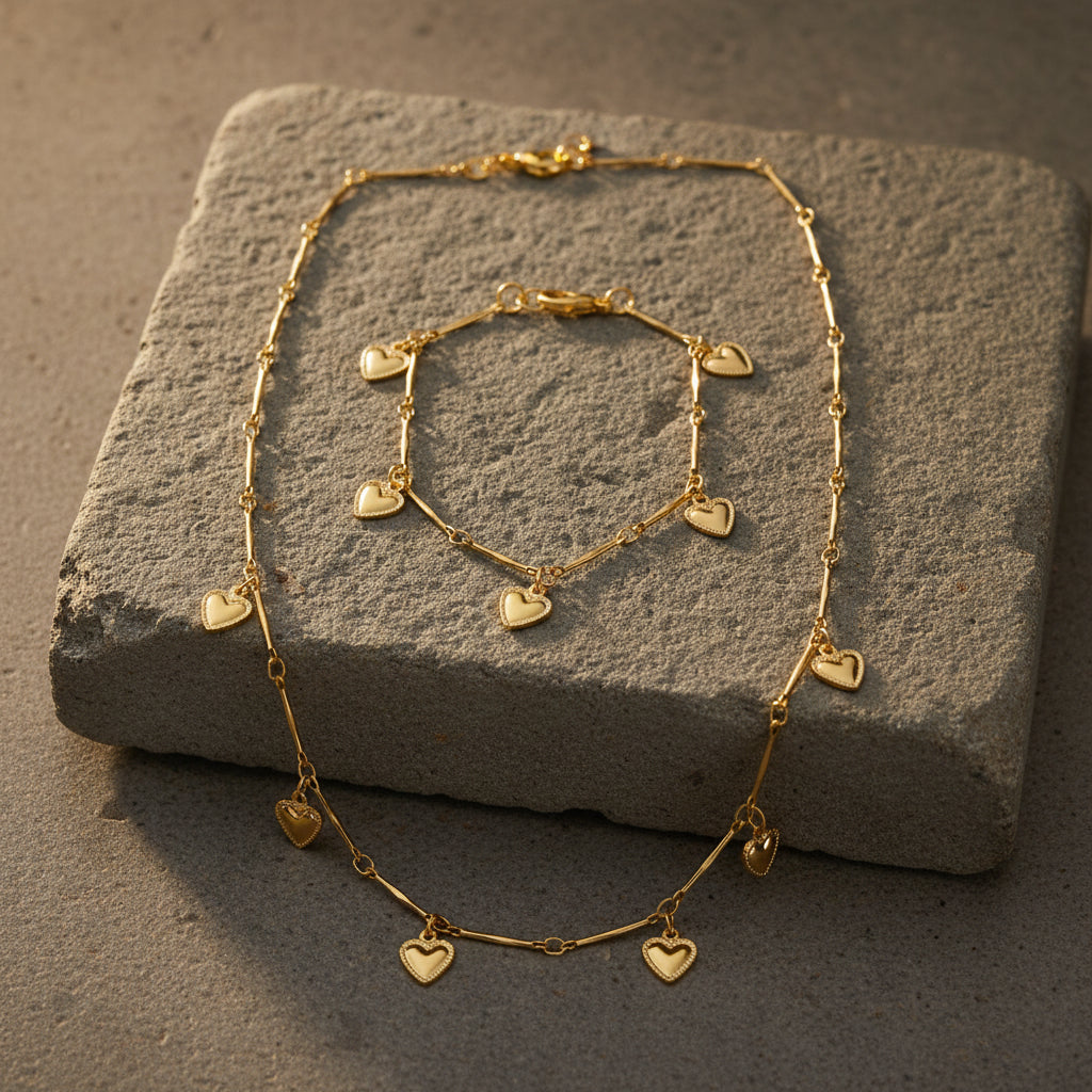 Gold heart pendant necklace and matching heart bracelet set on a large grey stone.