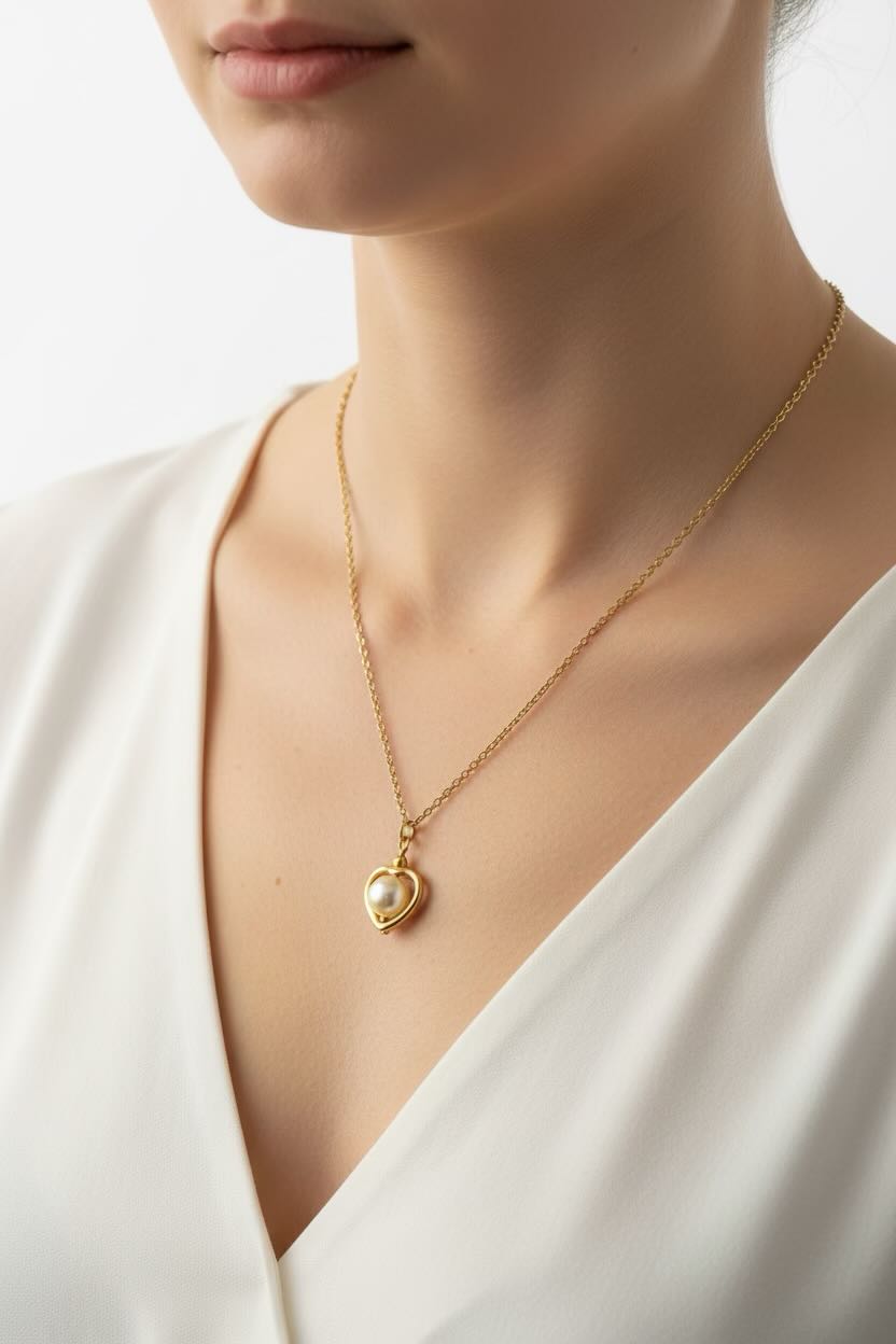 A close-up of a model wearing a delicate gold chain necklace with a small heart-shaped pendant featuring a pale cream pearl, styled with a white V-neck top against a clean white background.