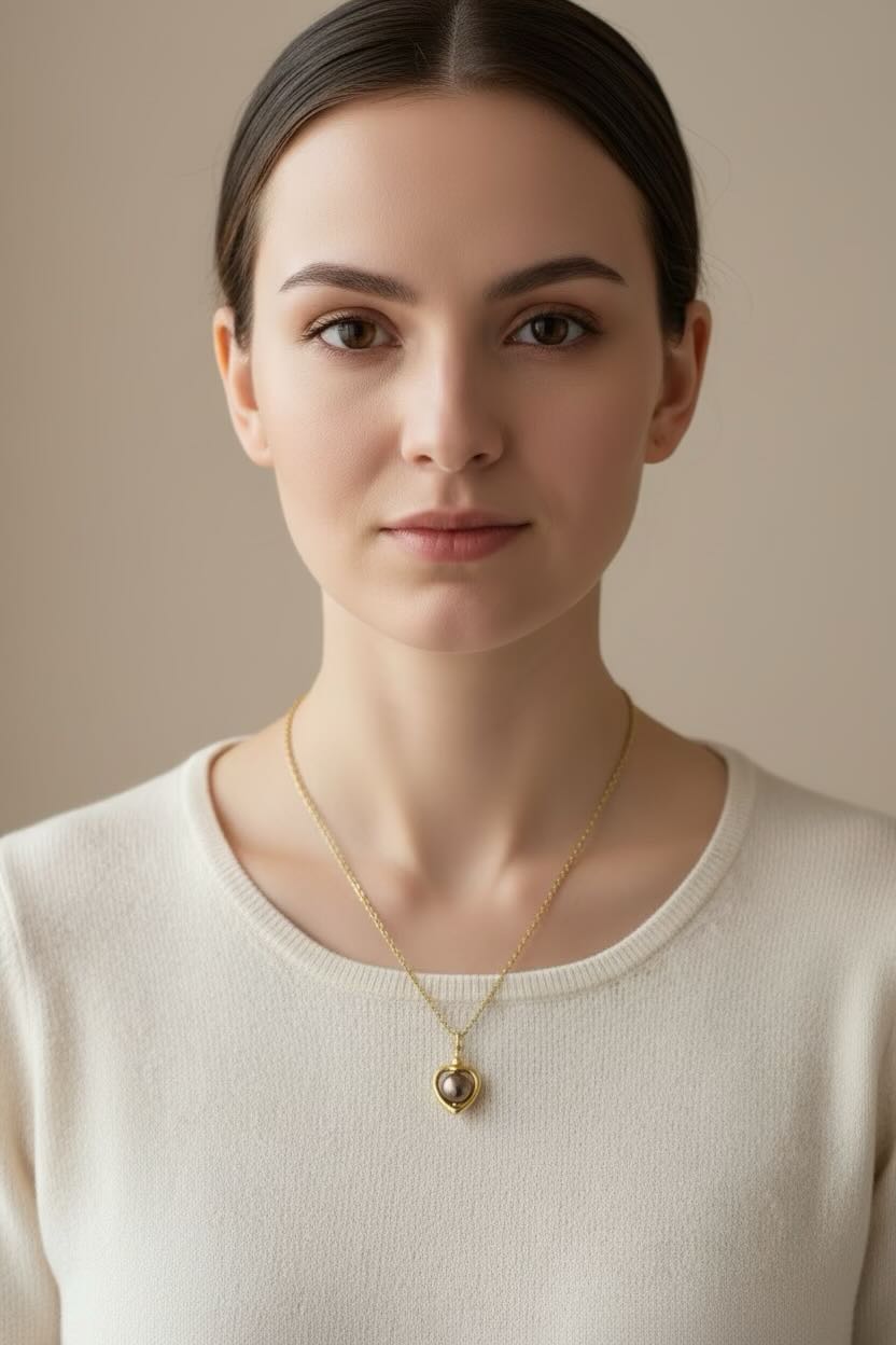 A woman with dark hair pulled back wears a delicate gold chain necklace with a small heart-shaped saddle brown pearl pendant, photographed against a soft beige background.