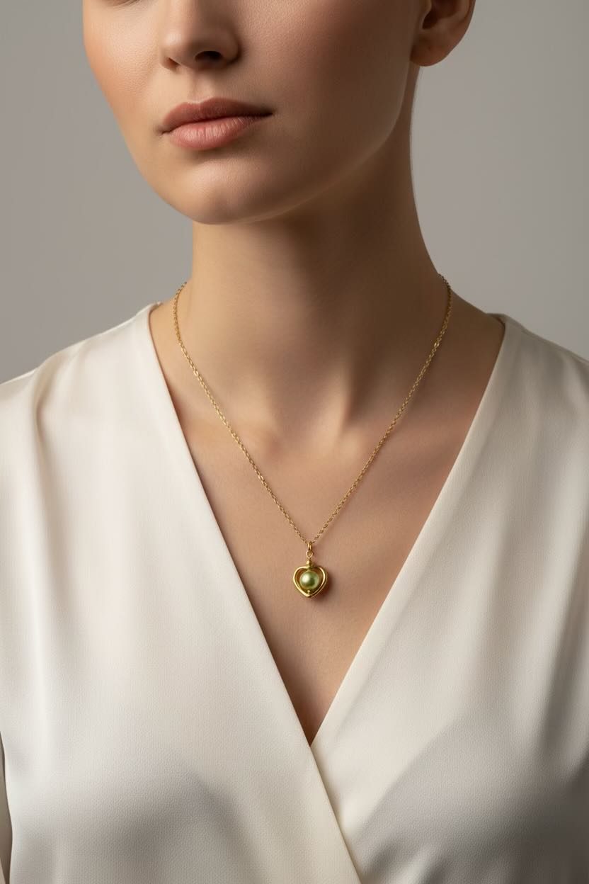 A close-up of a model wearing a delicate gold chain necklace with a small heart-shaped pendant featuring a sage green pearl, paired with a white satin V-neck top.