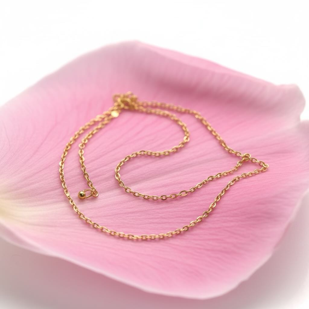 Gold chain necklace on a pink petal