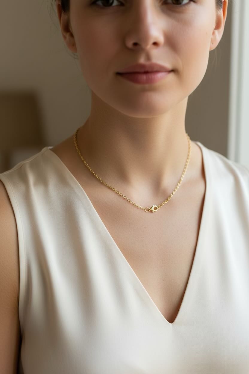 Woman wearing a gold necklace in a neutral setting