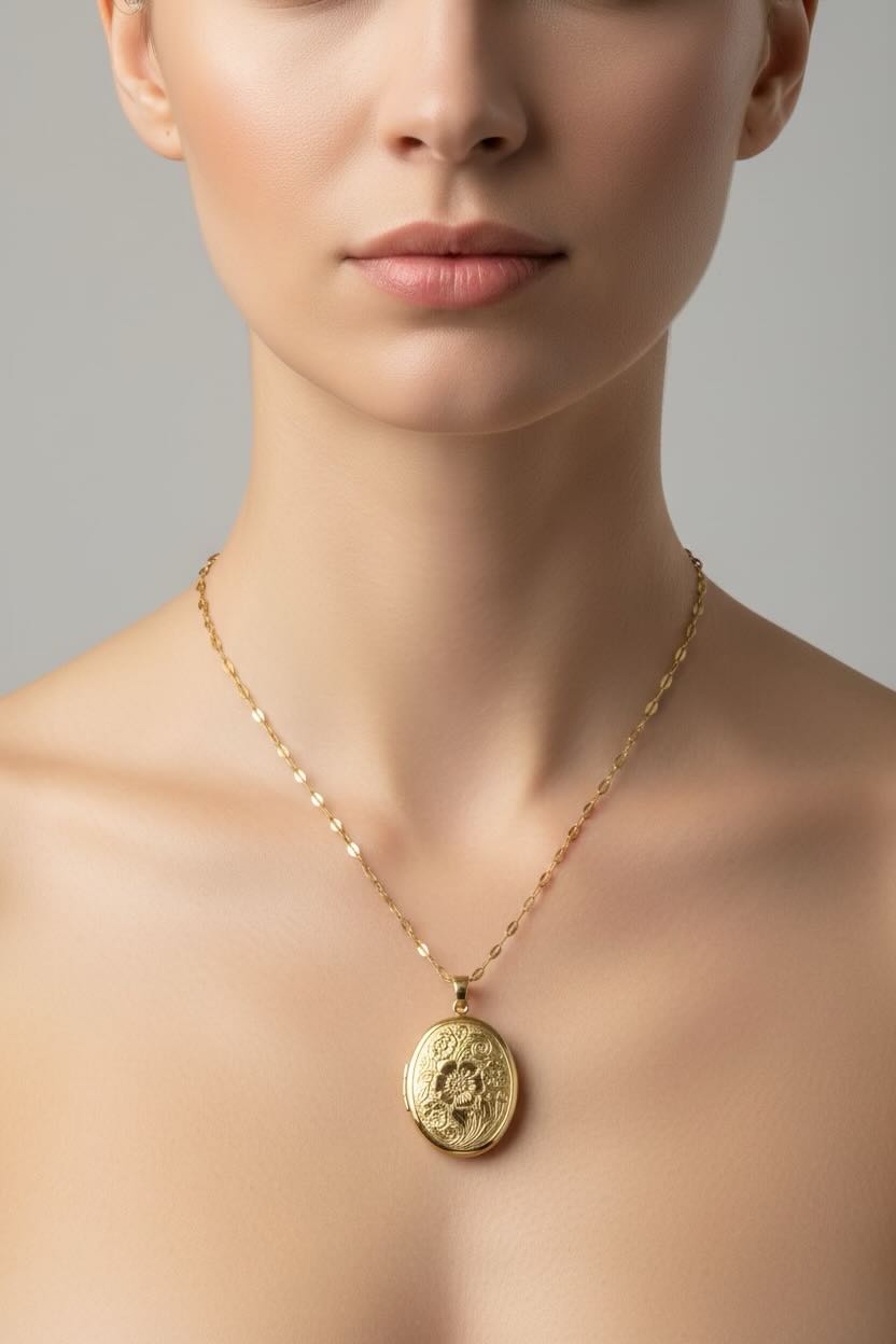 Gold necklace with an oval locket on a model