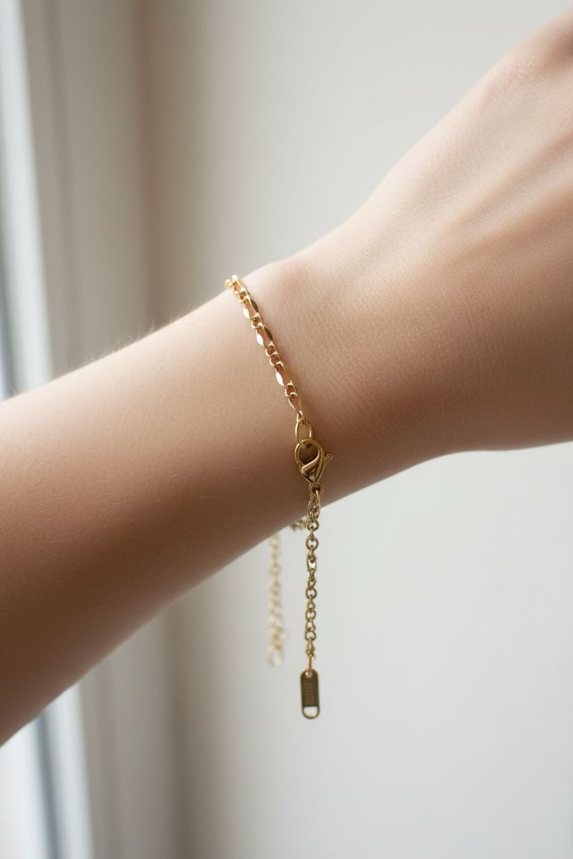 Gold bracelet on a wrist with a neutral background