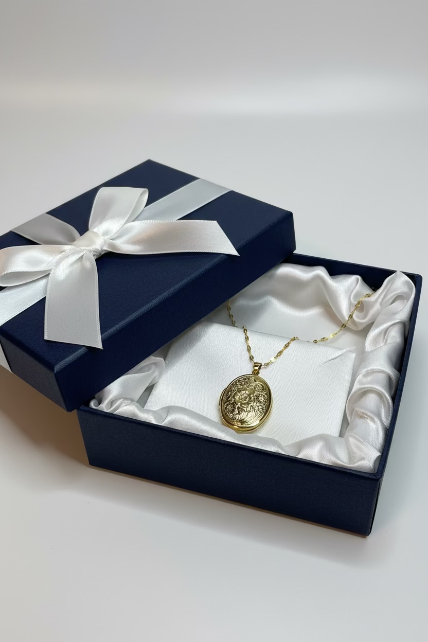 Gold oval flowered locket necklace with a decorative pendant on a large gift box