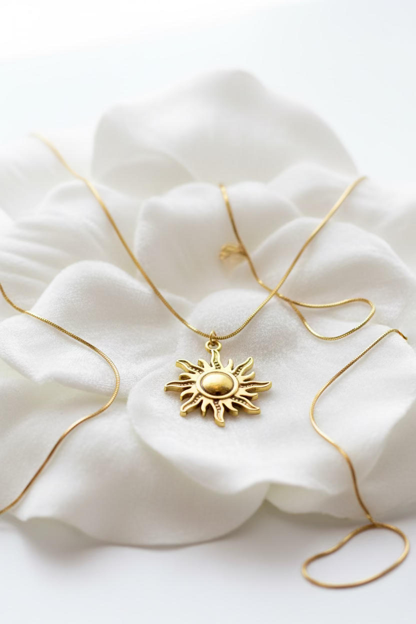 A gold-toned necklace with a sunburst pendant displayed on a white flower petal.