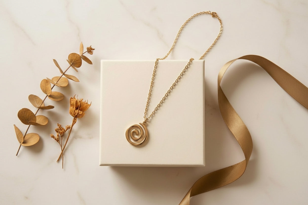Gold stainless steel spiral pendant necklace on gift box