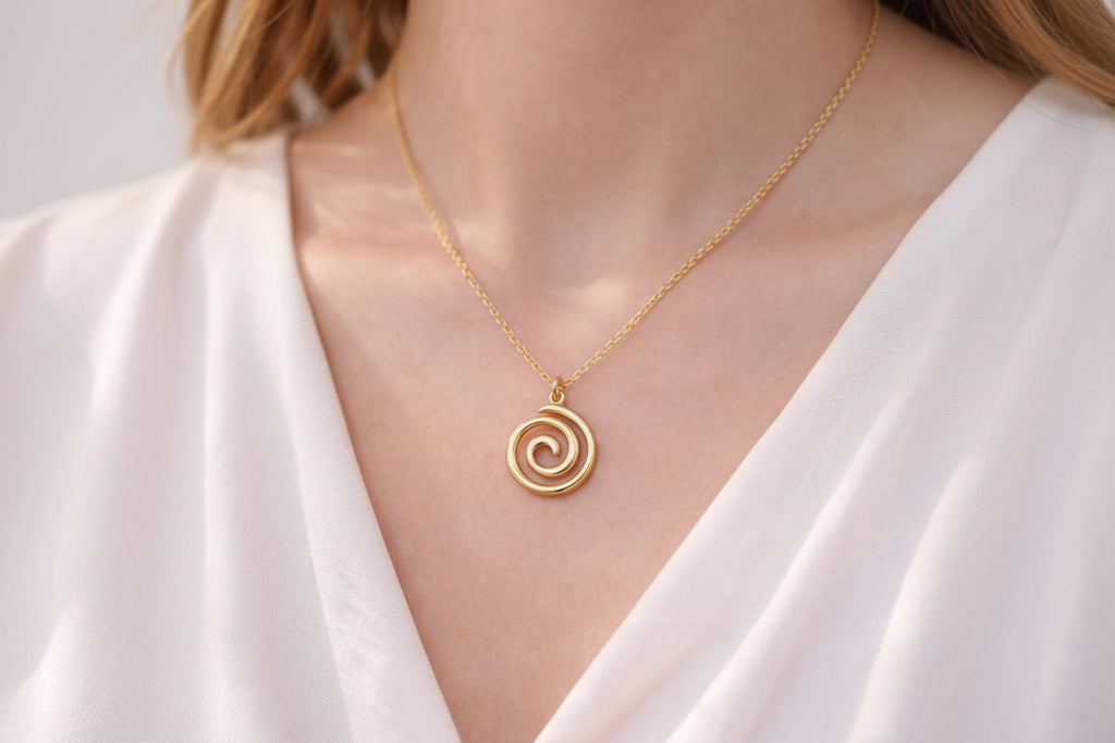 Gold stainless steel spiral pendant necklace on model