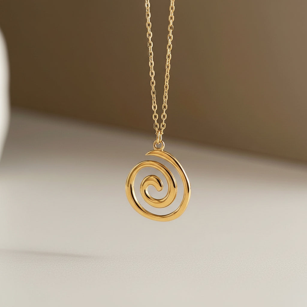Gold stainless steel spiral pendant necklace hanging