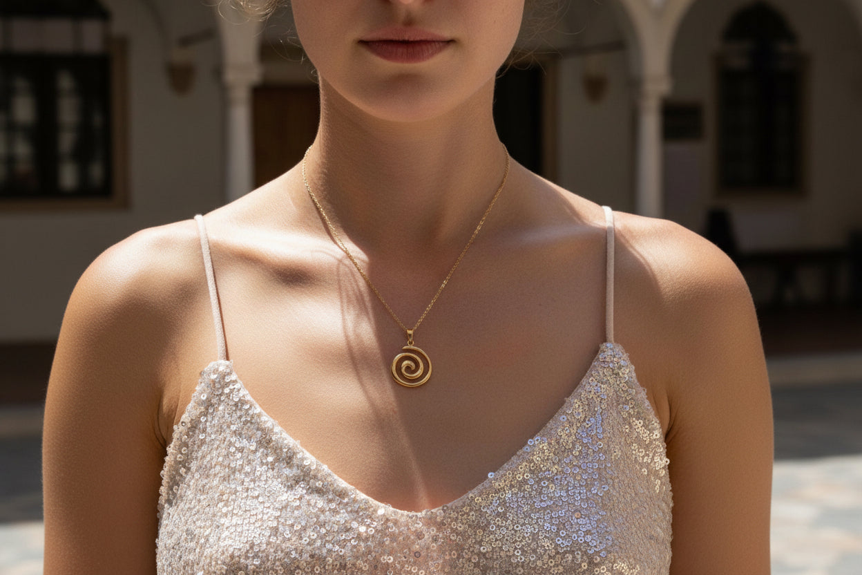 Gold stainless steel spiral pendant necklace on a model
