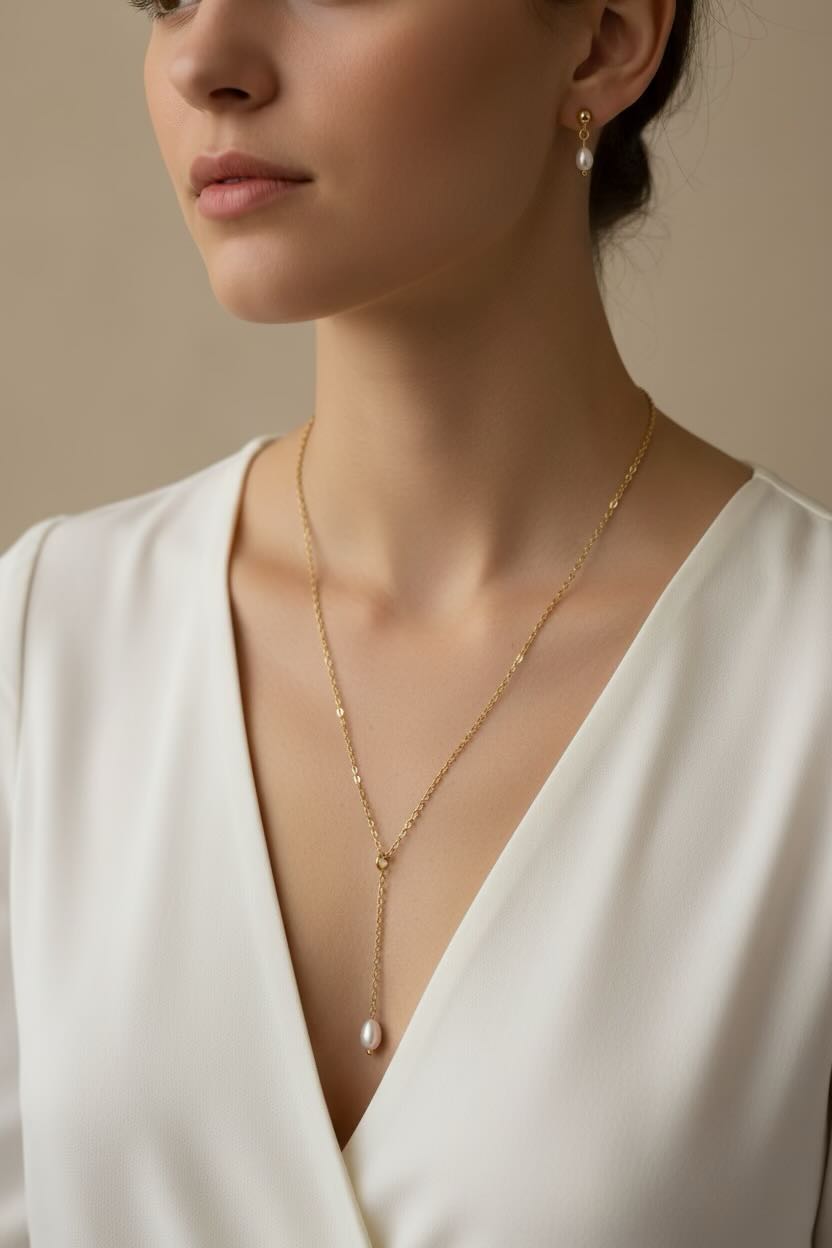 A gold chain pearl drop necklace and matching stud earrings on a model.